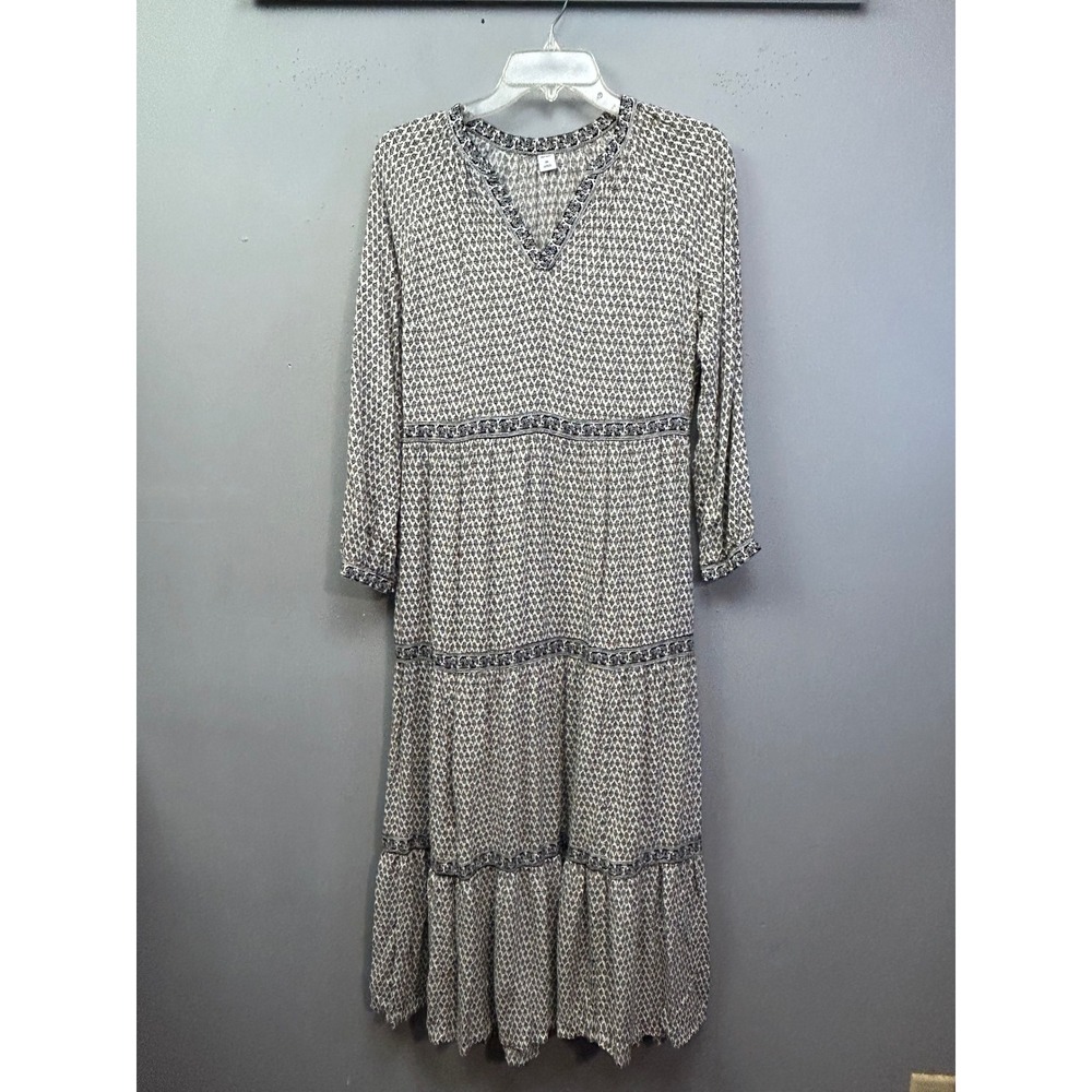 Old Navy Dress Womens XS Black Floral Long Sleeve Tiered Midi Boho V-Neck